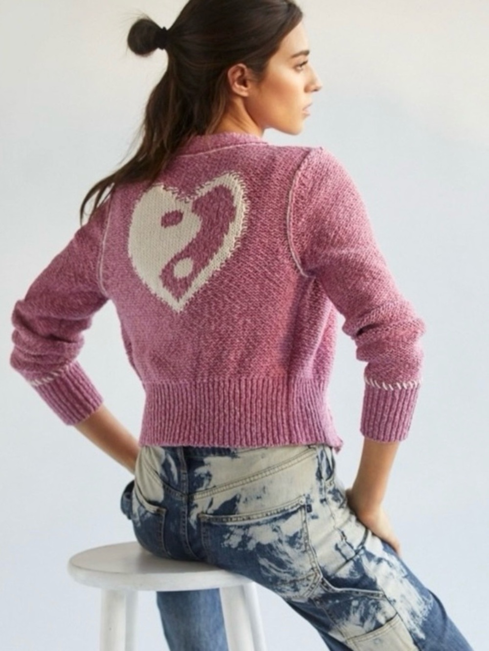 Anthropologie Pilcro Yin Yang Icon Heart Cardigan in Pink Size XS Spring Preppy
